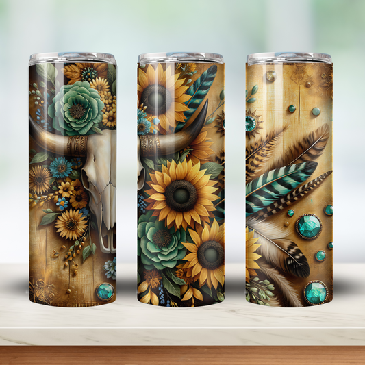 Cow Skull and Sunflowers Skinny Tumbler