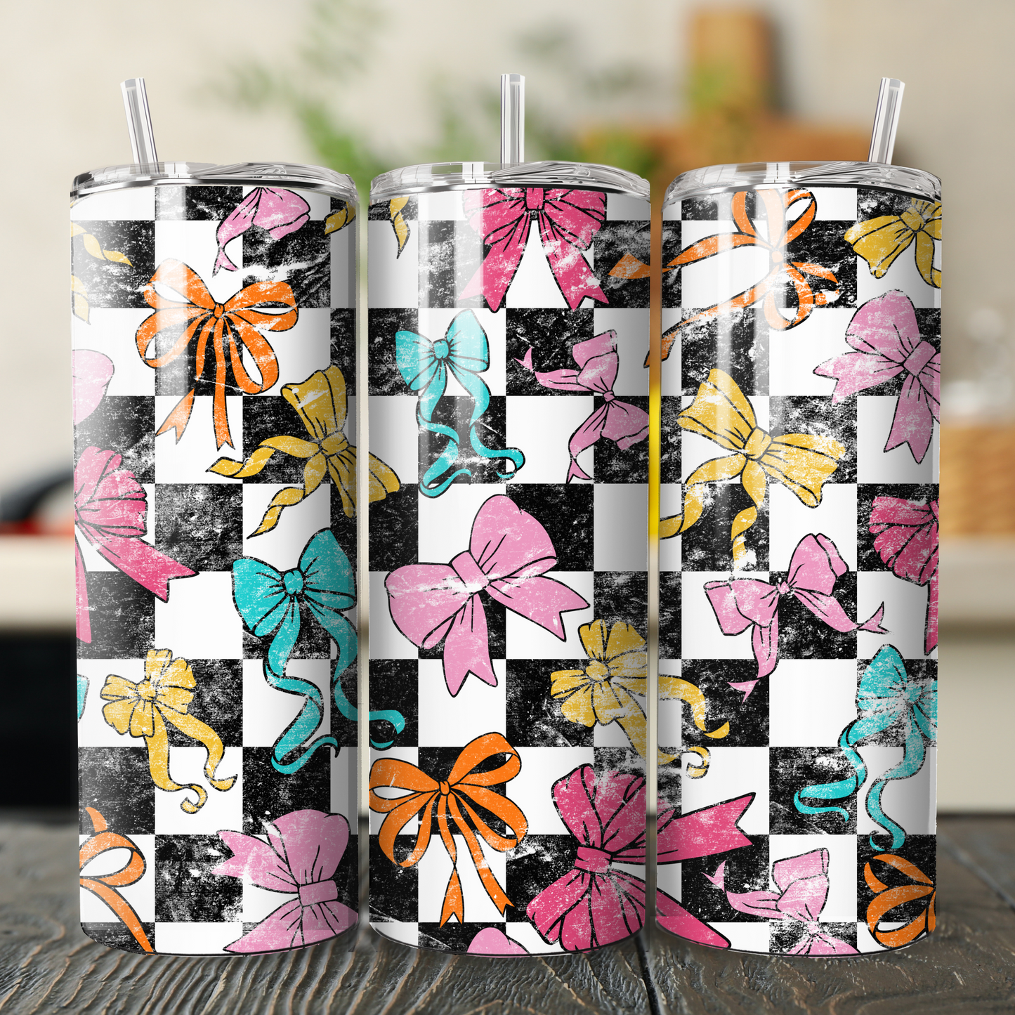 Checkered with Coquette Bows Skinny Tumbler