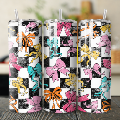 Checkered with Coquette Bows Skinny Tumbler