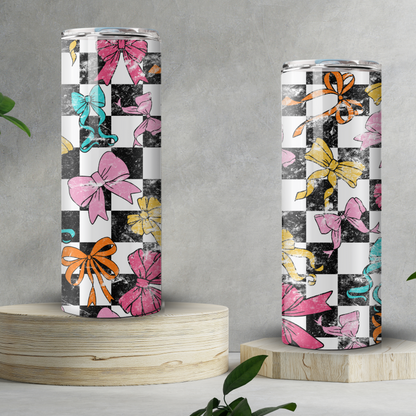 Checkered with Coquette Bows Skinny Tumbler